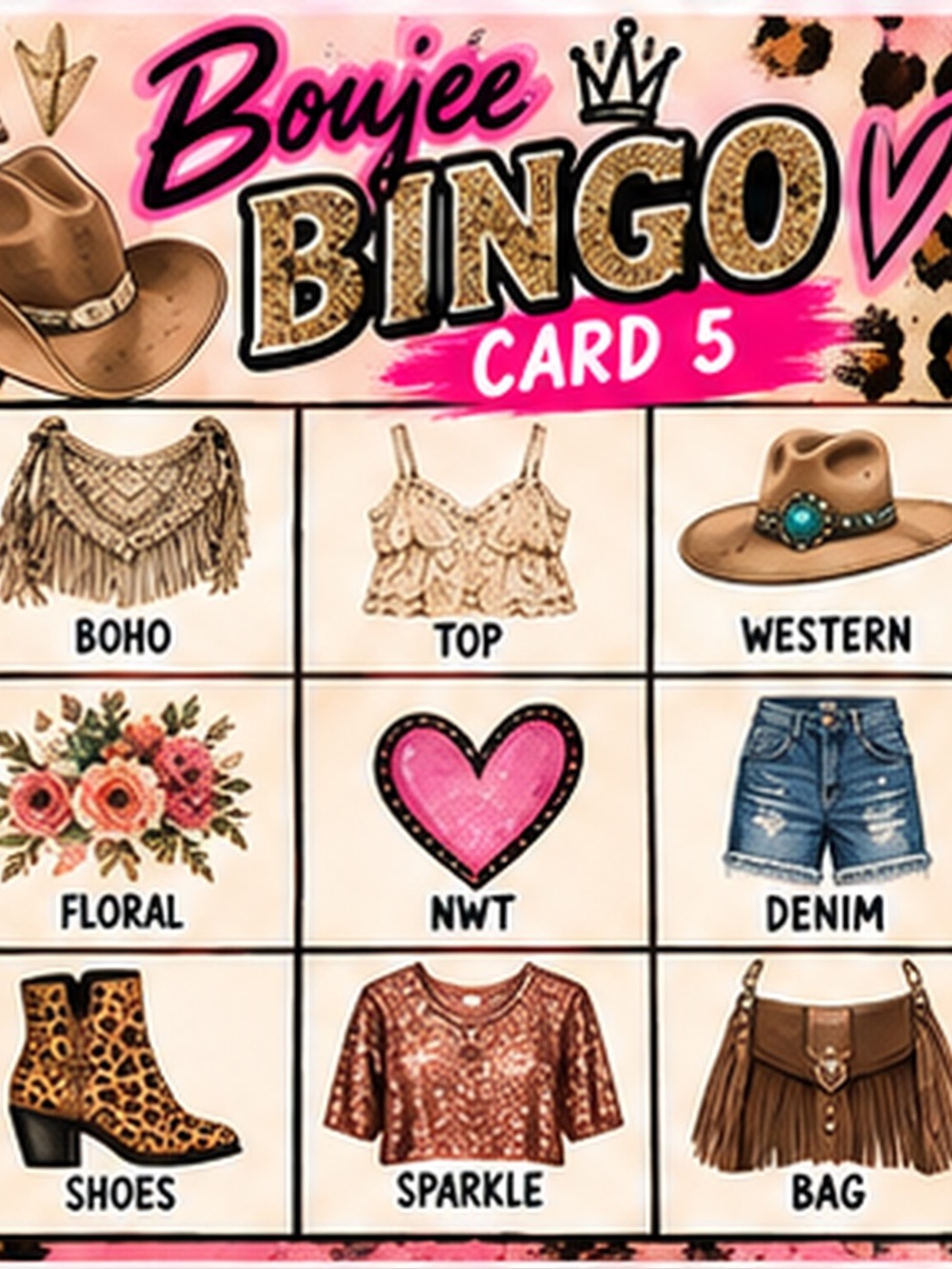 Boujee Bingo Card 5 Women Accessories Graphic - Pink/Gold Design